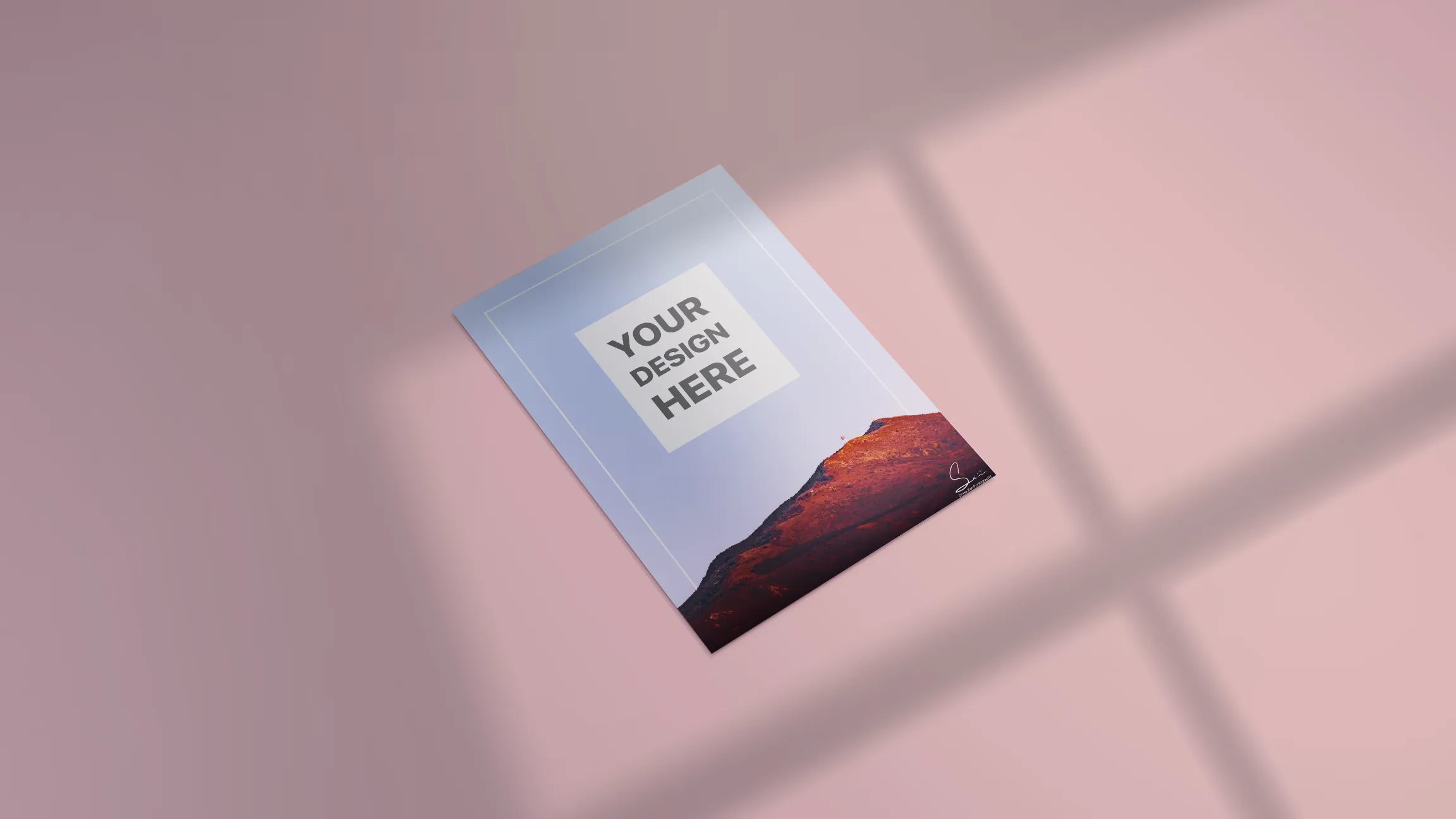 Minimalist free A4 flyer mockup lying flat on a light grey surface with natural window shadow overlays in 8K resolution.